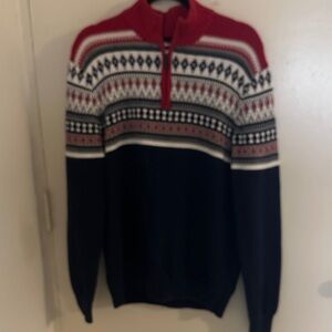 IZOD Men's Red and Blue Fair Isle Quarter Zip Sweater. Holiday, Winter, Ski